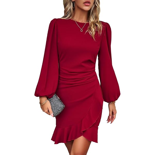 RPAEOY Damesjurk, poflook, lange mouwen, ruches, zoom, elegante ruches bodycon wikkelpotlood, midi-jurken voor cocktailavond, gelegenheid, kantoor, zwart., M