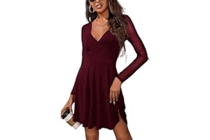 HUXRAKV Mujer Vestidos Manga Larga Cuello V Casual Elegante Sexy Tul Entallado para Otoño Invierno Vestido De Cóctel
