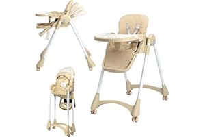 Bonnlo Baby Foldable High Chair, Adjustable Height with 7 Positions, 4-Level Reclining Seat & Detachable Double Tray, Highchair for Toddlers 6 Months to 3 Years (Beige)