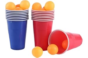 BigTree 24Pcs Table Tennis Party Game Set 6 Red Cups 6 Blue Cups 12 Balls Reusable Plastic Cups for Birthday Party Dinner Tabletop Game Camping Indoor Outdoor Party Bash Essentials