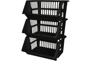 ZARVICZONIA Large Stacking Storage Baskets Veg Rack, Durable Plastic Stackers, Dimensions: 36 cm (L) x 30 cm (D) x 17.5 cm (H) (Black, Pack of 3)