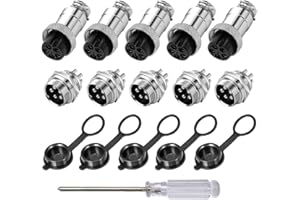 Aiqeer 5 Pezzi 5-Pin GX16 Connettore Aviazione, 16 mm Connettore Aviazione Metallo, 5A Connettore Aviazione Maschio Femmina, con Cappuccio in Gomma e Cacciavite a Croce