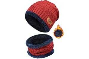 heekpek 2 Pièces Chaud Bonnet Chapeau Écharpe Tricot et Tour de Cou avec Doublure Polaire Ensemble Bonnet Echarpe Homme Femme Bonnet Hiver et Écharpe