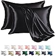 MR&HM Satin Pillowcase for Hair and Skin, Silk Satin Pillowcase 2 Pack, Queen Size Pillow Cases Set of 2, Silky Pillow Cover with Envelope Closure (20x30, Black)