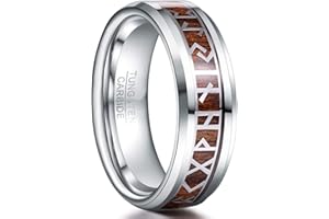 TUNGSTORY 8mm Viking Bague en Tungstène Hommes Argent Noir Alliance Incrustée de Bois Koa Hawaïen Anneau de Style Nordique Taille 52(16.6)-70(22.3)
