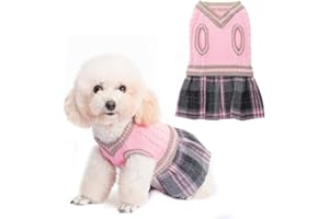 BINGPET Cute Dog Jumper Dress - Warm Pullover Pet Sweater, Puppy Cat Knit Clothes with Classic Plaid Pattern for Fall Winter