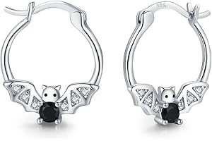 Midir&Etain Black Bat Hoop Earrings for Women Girls 925 Sterling Silver Gothic Hypoallergenic Earrings Halloween Christmas Jewellery Gifts