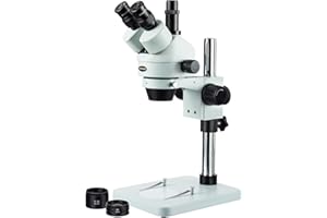 AmScope SM-1TSZ-V203 - Microscopio stereoscopico trinoculare da tavolo con stativo a colonna, ingrandimenti da 3,5x a 90x