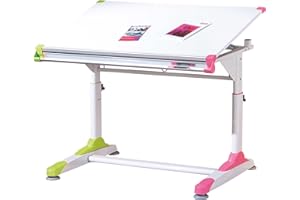 Inter Link - Scrivania regolabile in altezza - Scrivania per bambini - Scrivania per studenti - Inclinazione regolabile - Contenitore - Bianco con applicazioni rosa e verdi - 2Colorido