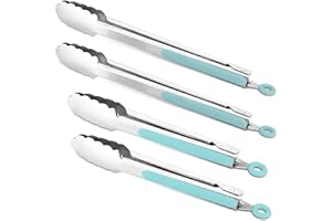 ALLWIN-HOUSEWARE W 304 Stainless Steel Kitchen Cooking Tongs, 9" and 12" Set of 4 Sturdy Grilling Barbeque Brushed Locking Food Tongs with Ergonomic Grip, Aqua Sky