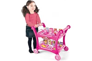 GREHGE Quickdraw Supplies Kids Tea & Cake Trolley Cart Pretend Roleplay Set Tea Party Toy Food Pink Playset 28pc, Pink, Blue (QDS-889-15B)