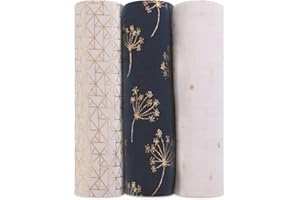 aden + anais 3 Maxi-langes grand format prélavés en mousseline de coton métallisée, Couverture douce et légère, Allaitement, Garçon, Fille, Lot de trois, 120cm x 120cm, Imprimé metallic gold deco