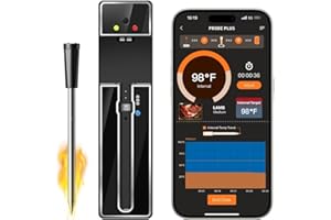 KLIHD Termómetro inalámbrico Bluetooth para barbacoa, termómetro para carne, 30 metros, control de aplicación, resistente al calor hasta 275 °C, con función de sensor óptima, adecuado para cocina al aire