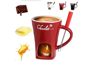 SIEBKORB Chocolate Fondue Mug with Forks, Chocolate Fondue Cup, Ceramic Chocolate Melting Cup, Fondue Heated with a Tealight, Warmer Mug for Candy Snack Caramel Party (A - Red)