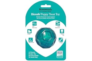 Rosewood tough puppy toy ball shaped treat dispenser dog toy for small dogs and puppies made of tough material, mint scented, blue