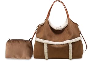 CORIOS Borsa a Mano in Lana di Agnello da Donna, Spalla in Pelle Scamosciata Grande, Tracolla Morbido Peluche, Tote Retro Messenger 2 Pezzi Marrone