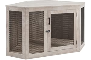 unipaws Corner Dog Crate with Cushion, Dog Kennel with Wood and Mesh, Dog House, Pet Crate Indoor Use, Medium, Weather Grey