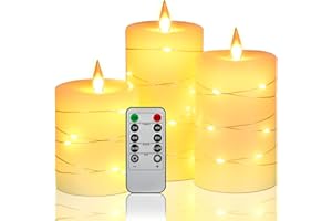 ‎DA BY Da by LED Kerzen, mit eingebetteten Lichterketten, 3-LED-Kerzen, mit 10-Tasten-Fernbedienung, 24-Stunden-Timer-Funktion, tanzender Flamme, echtem Wachs, batteriebetrieben.