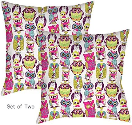 Printed cotton cushion cover/shams/throw pillow case cover Design : Multicolor Owls Set of Two 43 x 43
