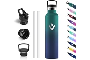 Vikastar Borraccia Termica, 1000ml Senza BPA, Borraccia Termica 1 Litro, a Prova di Perdite, Thermos per Bevande Calde, Acciaio Inox, Bottiglia Termica per Adulto, Palestra, Ciclismo, Verde & Blu