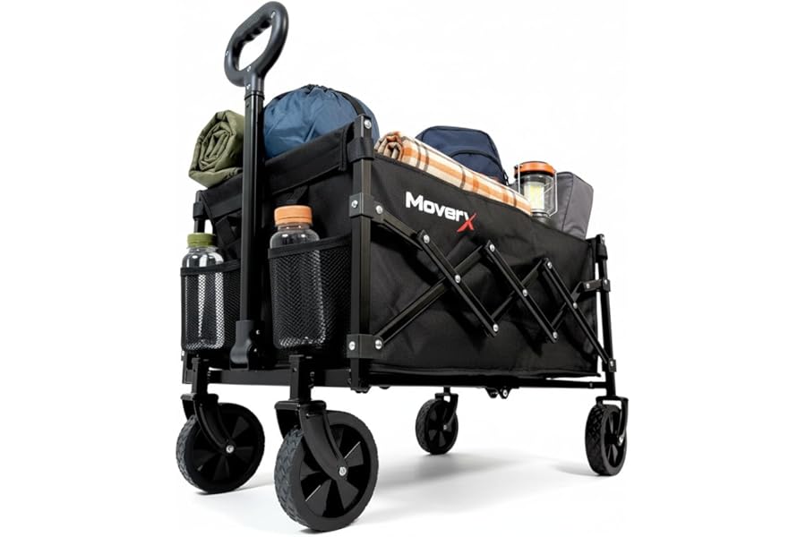 MoverX 70L Festival Trolley on Wheels, Folding Wagon, Portable Camping Cart, Collapsible Foldable Trolly for Beach Outdoor Garden Picnic Shopping Fishing, Adjustable Handle, Black
