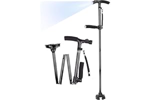 SUEH DESIGN Canne de Marche Pliante avec Lumière LED pour Homme et Femme, Bâton de Marche Pliable pour Personnes Âgées avec Poignée Latérale