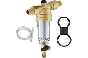 FERPRO FERDOM FERDOM FD177 Pre-Filtro De Agua De Sedimentos Giratorio, Reutilizable.Malla De Inox De 90 Micron. Conexión 1/2" & 3/4". Caudal Máx.2,5m3/H. Cabeza De Latón, Recipiente Transparente. Agua Potable.