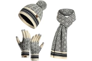 Meajore MüTze Schal Handschuhe Damen Set 3 In 1 Winter Warm Beanie Touchscreen Handschuh Und Lang Schal StrickmüTze Set
