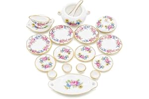 Odoria Miniature 1/12 Vaisselle 17Pcs Accessoire Maison de Poupée, Fleur Rose