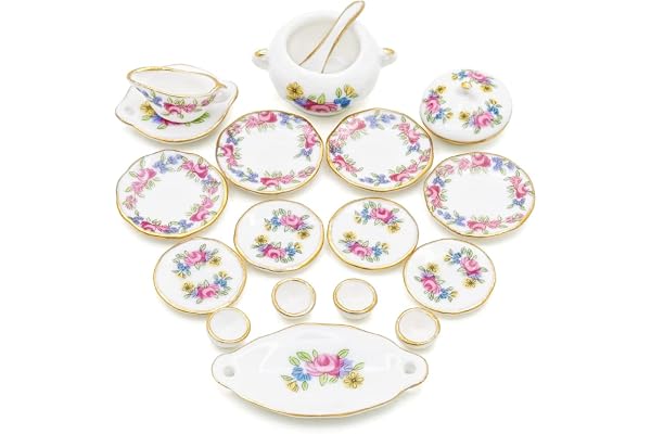 Odoria Miniature 1/12 Vaisselle 17Pcs Accessoire Maison de Poupée, Fleur Rose