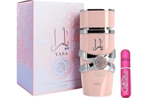Yara Rosa Perfume Árabe, Lattafa Original 100ML - Incluye Atomizador 5ml - Lacosvi Recargable De Perfume Dulce de Frutas Tropicales, Vainilla y Sándalo - Regalo para Mujer
