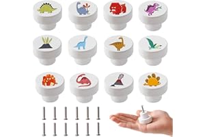 OESSUF - Juego de 12 pomos de madera para armario de habitación infantil, 35 mm, redondos, diseño de dinosaurios, con tornillos, tiradores de madera para armarios y puertas para niños, color blanco