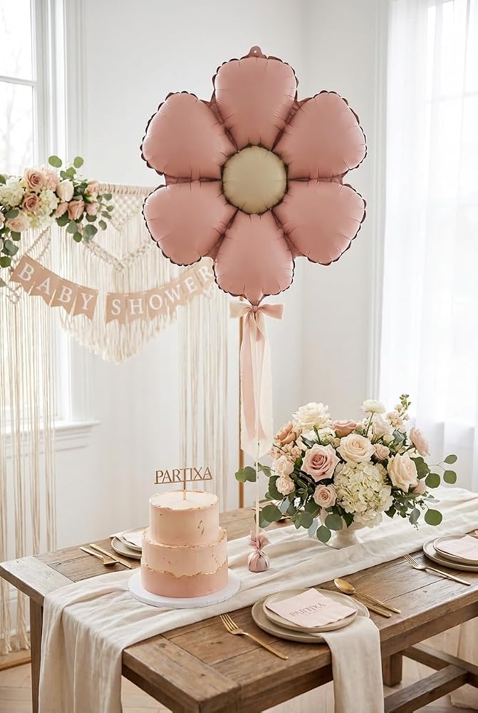 Mat Pudra Pembe Papatya Retro Folyo Balon | Doğum Günü Baby Shower Bahar Temalı Vintage Konsept Parti Süsleme Dekorasyon Balonu