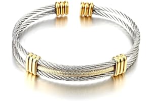 COOLSTEELANDBEYOND Bracelet en Acier Inoxydable pour Hommes Femme - Réglable Bracelet Manchette Câble Torsadé