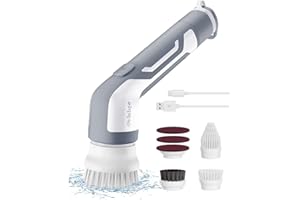 ‎LABIGO LABIGO Elektrischer Reinigungsbürste, Spin Scrubber, kabelloser Hand-Duschwäscher mit 4 austauschbaren Bürstenköpfen für Küche, Grill, Spüle, Räder, etc. (grau)