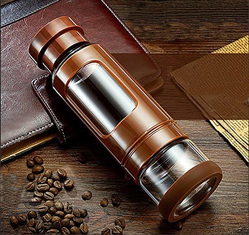 Sports Water Bottle - Travel Mug - Tea Infuser - Tea Tumbler - Fruit infuser - Glass Water Bottle - Travel Coffee Mug - Fruit Infuser Water Bottle, with extra storage on the bottom and Convenient Carrying Lanyard Handle,430ml/14oz (Coffee)