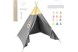 Putentfun Teepee Tent for Kids,Teepee Tent with Bunting Carry Bag,160cm,Foldable Children Play Tent for Girl and Boy,Grey Canvas Tipi Playhouse Toy for Indoor and Outdoor Games,Garden Beach Wigwam