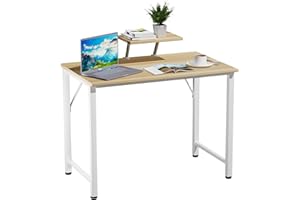Rcynview Escritorio Ordenador con Soporte Monitor, Mesa Ordenador Portatil Madera, Escritorios con Patas Metálicas Estables, 80x40x74cm Mesa Gaming para Oficina Despacho y Sala de Estar, Beige