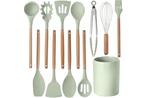 GENERIC 12 Pcs Kitchen Utensil Set, Silicone Cooking Utensils Set with Wooden Handle, Heat Resistant, Nonstick Cookware Tongs Spatula Spoon Set with Storage Bucket for Home, Camping, Dishwasher Safe (Green)