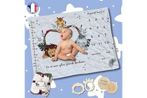MA LITTLE CANV Couverture Étape Bébé - Coffret Cadeau Naissance Fille Garçon - Tapis Mois Bebe en Français - Tapis Photo Bebe Mois - Baby Shower - Future maman - Toise imprimée Accessoires Inclus (Modèle Animaux)