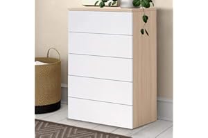 BAKAJI Mobile Cassettiera Mobiletto 5 Cassetti in Legno MDF Bianco e Quercia Design Moderno Arredamento Casa Camera da Letto Dimensione 61 x 40 x 110 cm