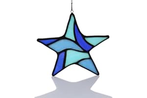 HAOSUM Blue Star Decoration Stained Glass Window Hanging,Glass Star Suncatcher for Living Room Bedroom Bathroom Kitchen, Birthday Gift for Boy Men Party