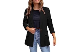 L9WEI Blazer para mujer de color liso con solapa, blazer ligero de color liso, manga larga, blazer de negocios, oficina, blazer largo