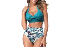 AOQUSSQOA Women Two Piece Tankini Swimsuits High Waist Halter Vintage Bikini Set Ladies Swimwear