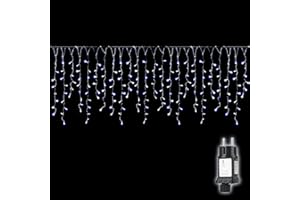 SALCAR 5m Luci Natale Esterno Cascata,50-80cm/ogni + 3m Cavo di Alimentazione, Stringa Decorativa LED con 200 LED Impermeabili, 31V Alimentazione di Sicurezza(Blu e Bianco)