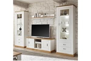 Lomadox Wohnwand Kombination in Pinie weiß mit Absetzungen in Wotan Eiche - B/H/T: 324/204/40-46 cm