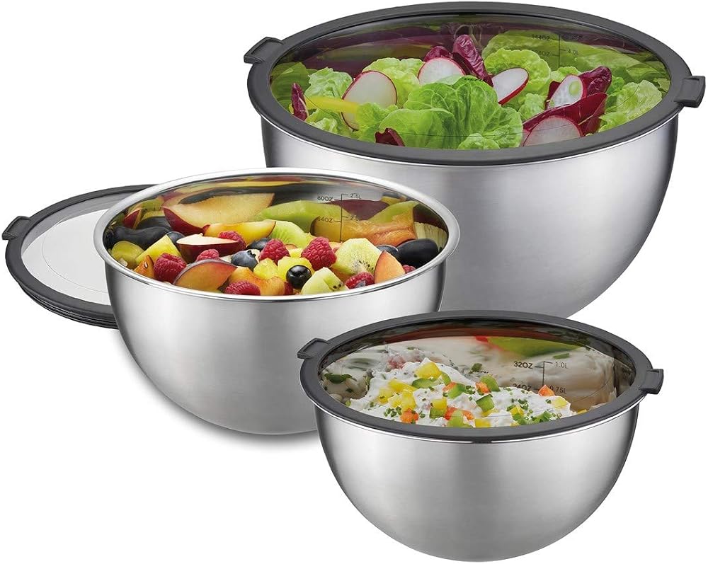 GEFU Mondi kapaklı kase seti, 1 l, 2,5 l ve 4,5 l, paslanmaz çelik, karıştırma kasesi, salata kasesi, servis kasesi, mutfak kasesi, istiflenebilir
