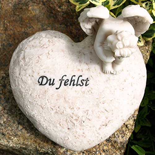Grabschmuck Engel Figur auf Herz sitzend mit Inschrift Du fehlst. - 4