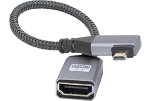 RIIEYOCA Adapter kabla micro HDMI na HDMI, lewy kąt micro HDMI męski na HDMI żeński aluminiowy krótki nylonowy pleciony przewód obsługuje 4K UHD, do laptopa, projektora, telewizora, monitora (20 cm)