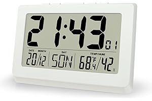 Lafocuse 10" Reloj de Pared Digital LCD Pantalla Grande, Silencioso Reloj Digital Pilas de Sobremesa con Temperatura, Humedad, Fecha, Alarma, Snooze, 12/24 Horas, para Salon Cocina Oficina, Blanco
